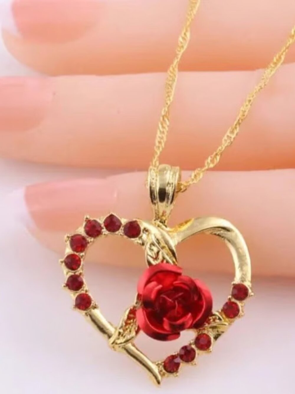 Gold Heart Necklace with Red Rhinestones